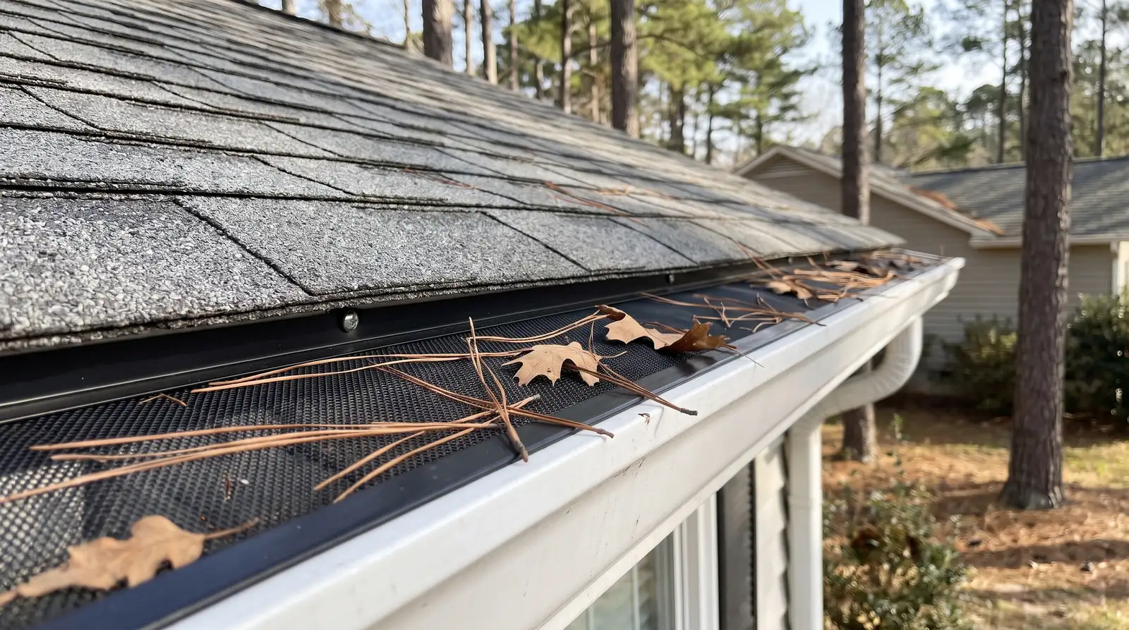 Black mesh gutter guards on a white gutter with pine needles and oak leaves resting on top