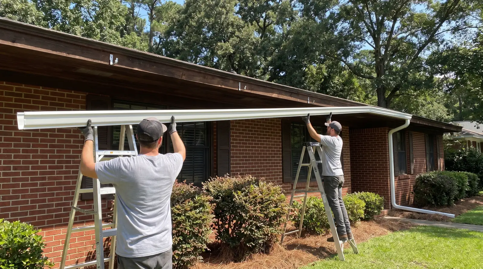 Two installers on ladders lifting a long new white gutter to the eave of a brick ranch house